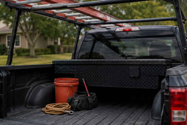 Juxta Asset Tag on a truck-bed toolbox at a job site